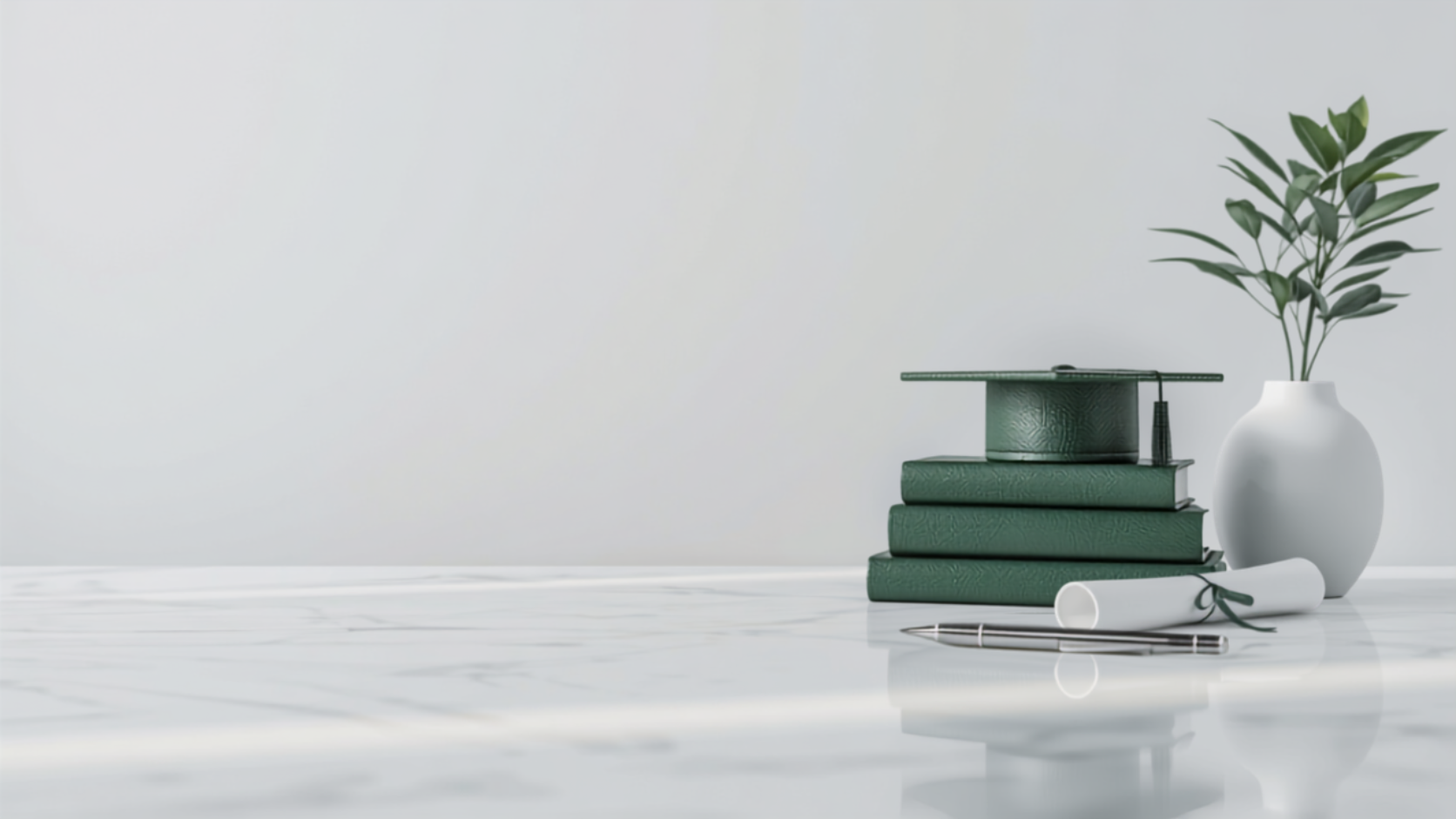 Livros com capa verde e capelo de formatura sobre bancada de mármore, ilustrando auxílio educação concedido por empresas