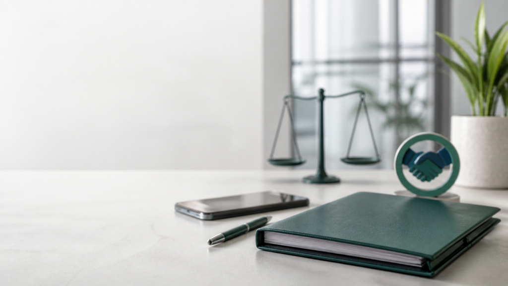 Mesa profissional com dispositivo corporativo e materiais de conformidade em relações de trabalho.