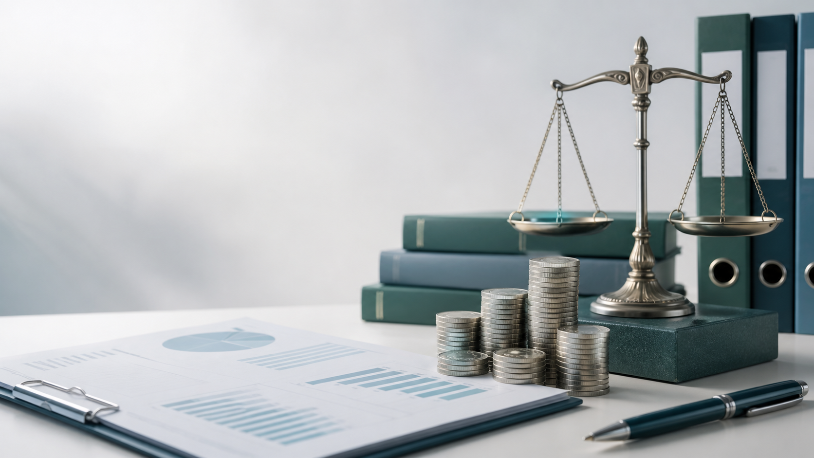 Balança jurídica, moedas e relatório financeiro em ambiente corporativo.