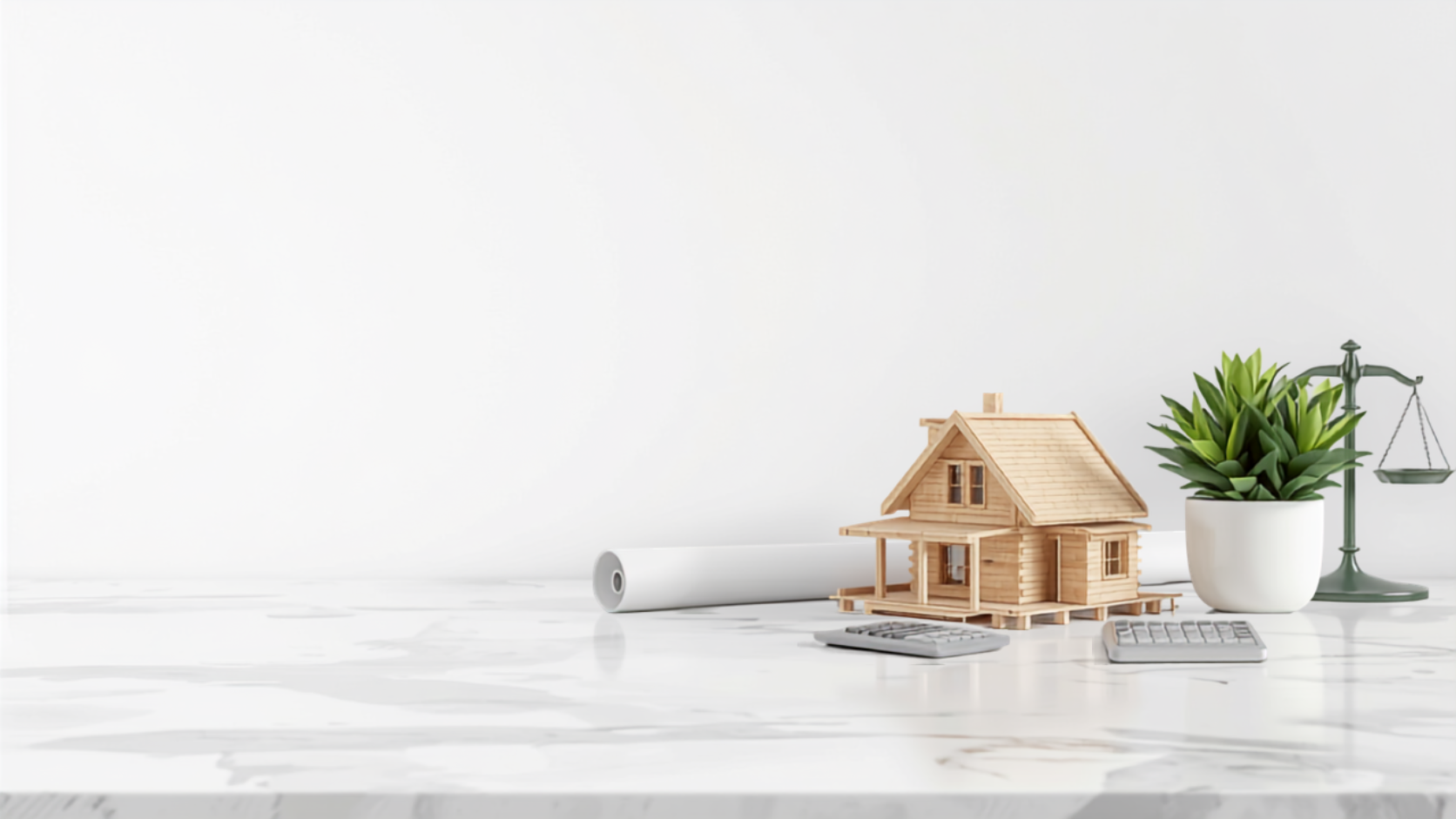 Maquete de casa em madeira, planta baixa e balança da justiça sobre mesa, ilustrando tributação de IPTU