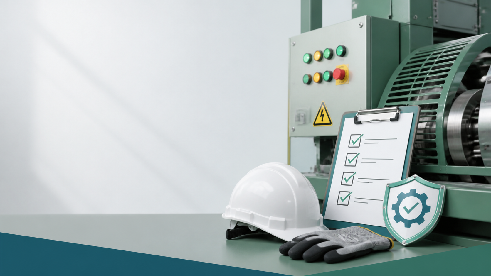 Equipamentos de segurança, checklist e painel industrial para prevenção de riscos.
