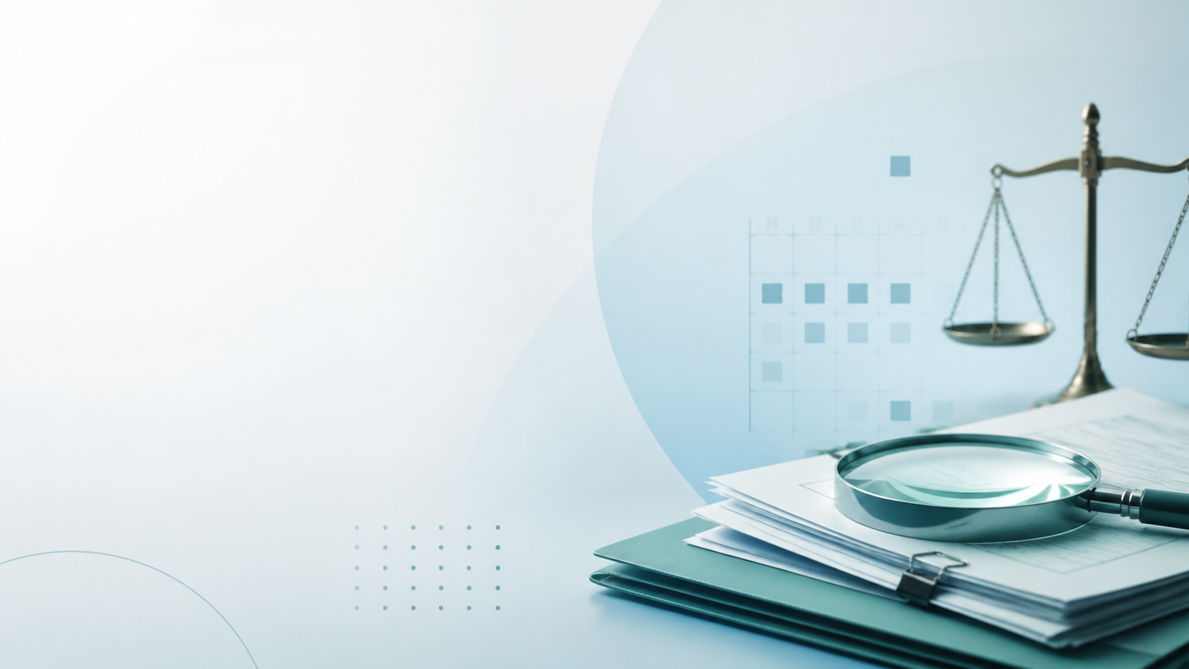 Calendário, documentos e lupa em composição editorial jurídica.