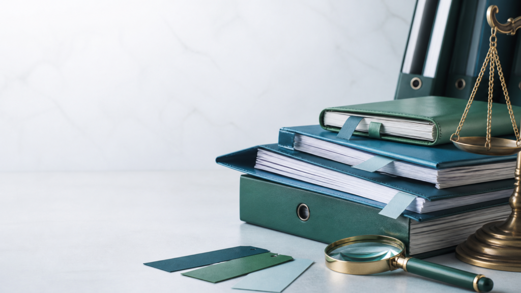 Documentos jurídicos, lupa e balança representando uma resenha trabalhista.