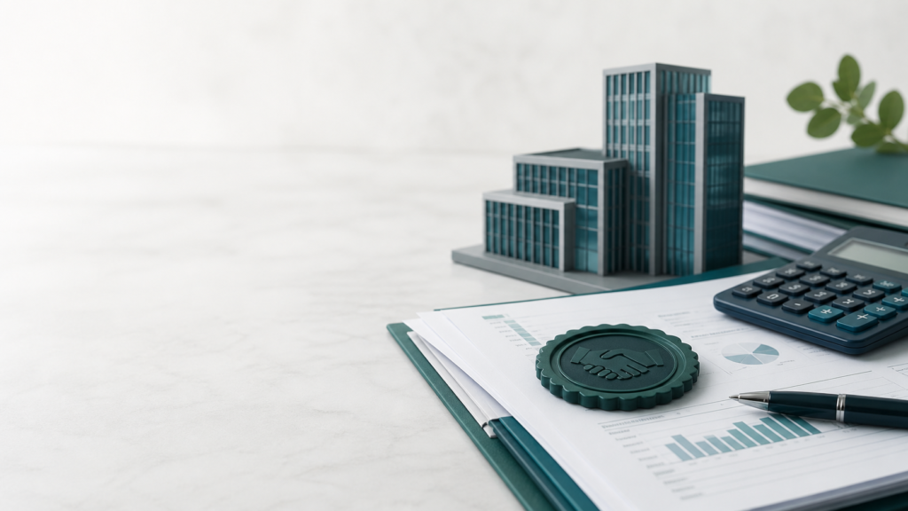 Edifícios corporativos, calculadora e documentos de negociação tributária.
