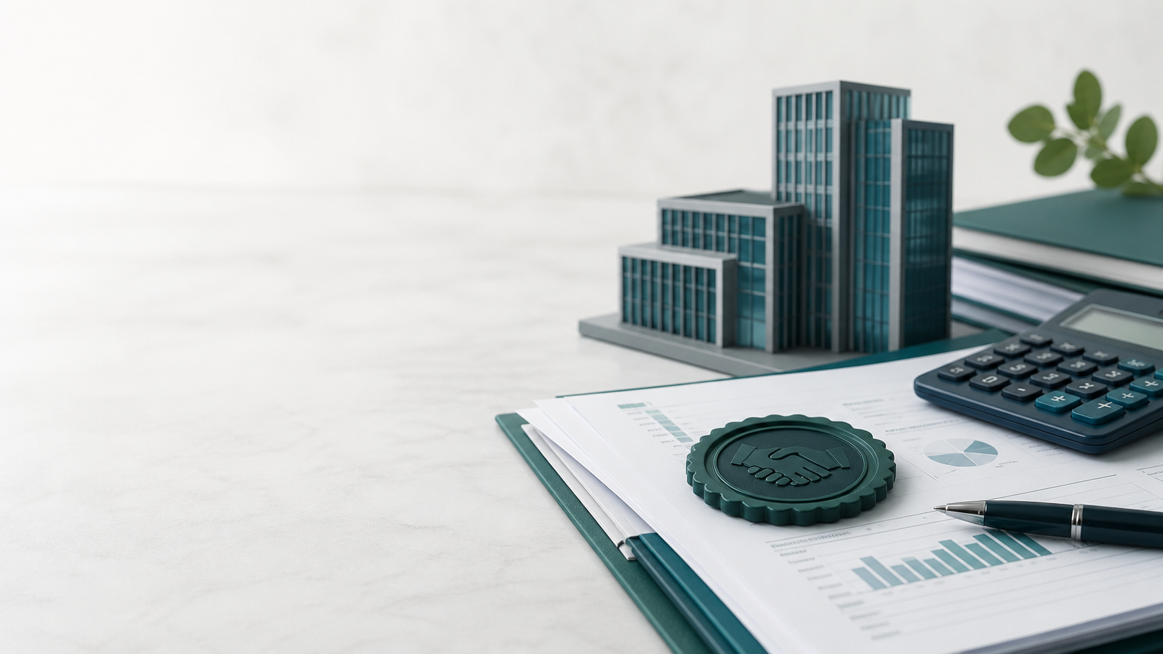 Edifícios corporativos, calculadora e documentos de negociação tributária.