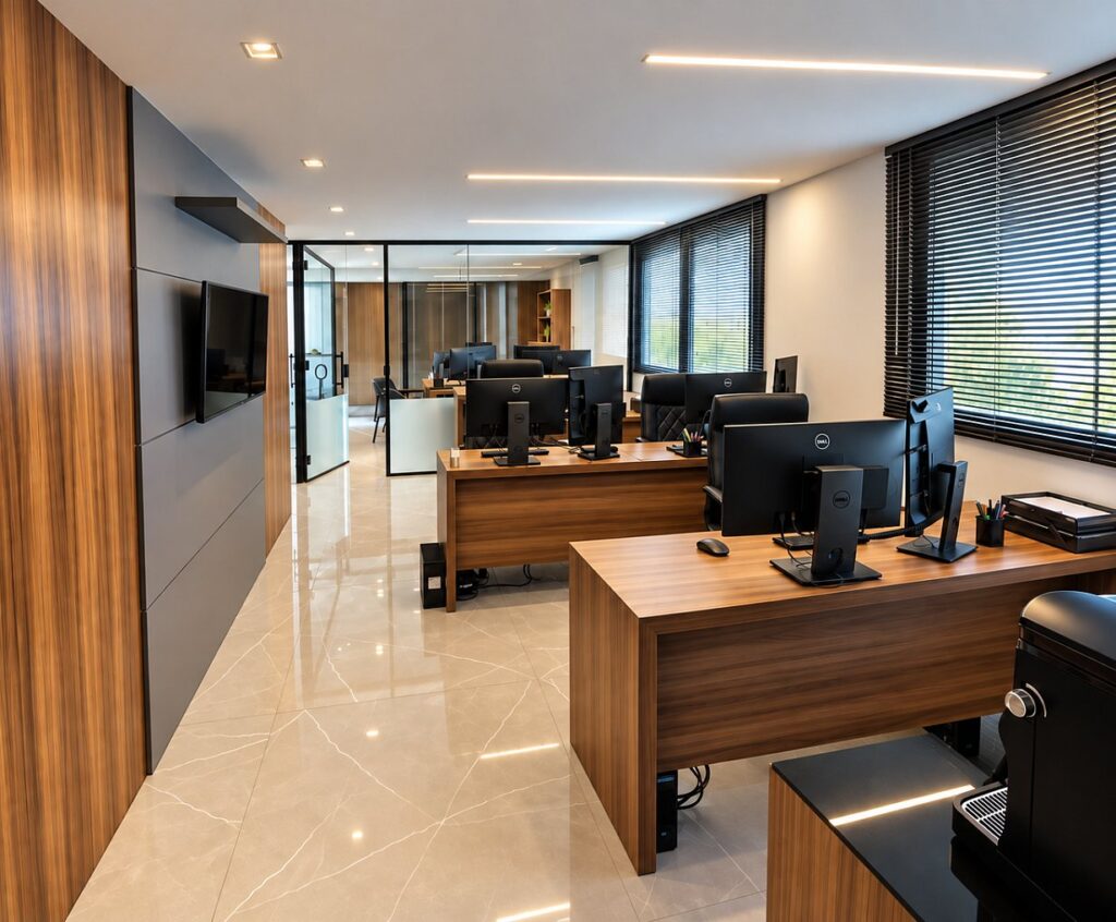 Área de trabalho do escritório Ruediger Advogados Associados, em Blumenau, com as estações de atendimento